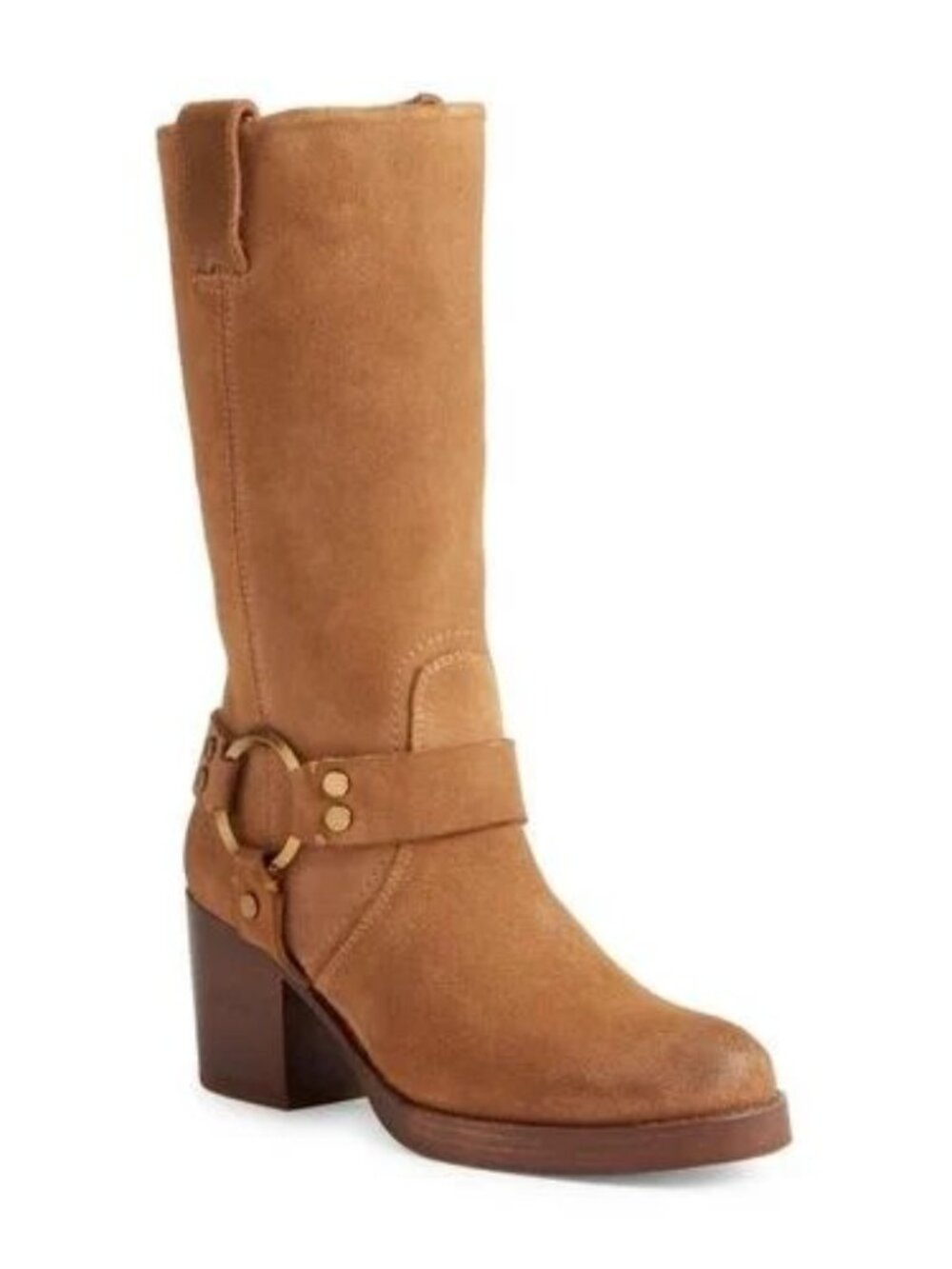 FRYE JEAN HARNESS BOOT 7 M ALMOND SUEDE W ORIGINAL BOX MID CALF